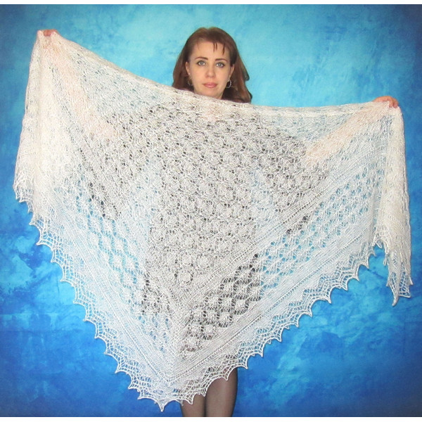 White hand knit large Russian Orenburg shawl, Warm cover up, Wool wrap, Downy kerchief, Wedding stole, Bridal cape, Big women's scarf 2.JPG