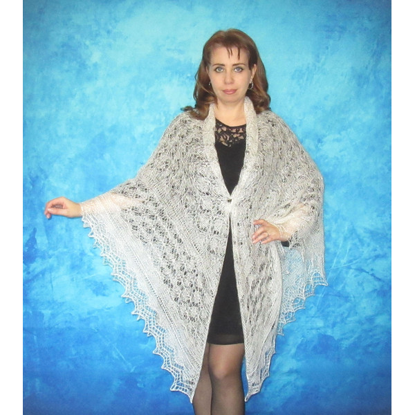 White hand knit large Russian Orenburg shawl, Warm cover up, Wool wrap, Downy kerchief, Wedding stole, Bridal cape, Big women's scarf 3.JPG