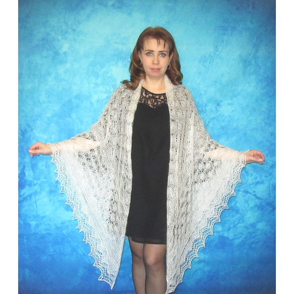 White hand knit large Russian Orenburg shawl, Warm cover up, Wool wrap, Downy kerchief, Wedding stole, Bridal cape, Big women's scarf 4.JPG