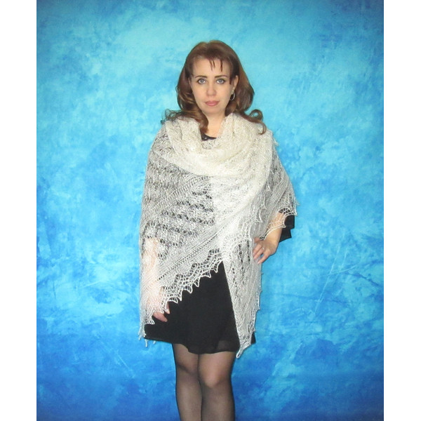 White hand knit large Russian Orenburg shawl, Warm cover up, Wool wrap, Downy kerchief, Wedding stole, Bridal cape, Big women's scarf 5.JPG