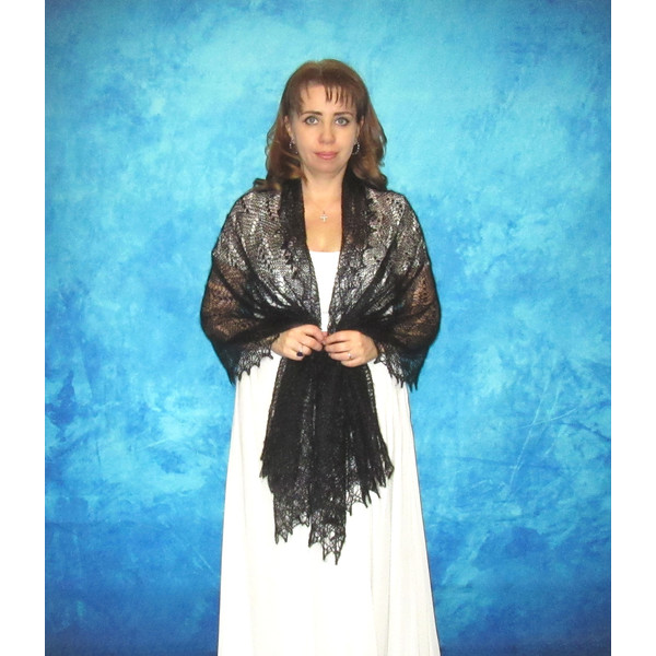 Hand knit black embroidered scarf, Handmade Russian Orenburg shawl, Goat fluff cover up, Lace pashmina, Kerchief, Mourning Stole, Warm wool wrap, Cape.JPG