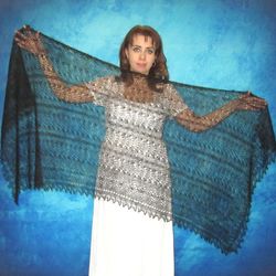 Hand knit black scarf, Warm Russian shawl, Orenburg wool wrap, Goat down stole, Bridal cover up, Mourning kerchief, Cape