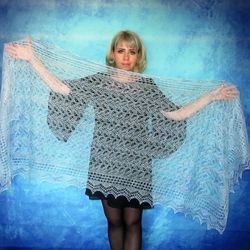 Hand knit light blue scarf, Warm Russian Orenburg shawl, Wool wrap, Goat down stole, Bridal cover up, Lace kerchief,Cape