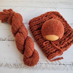 Rust Newborn very soft set/ Extra long knitted wrap, bonnet, blanket