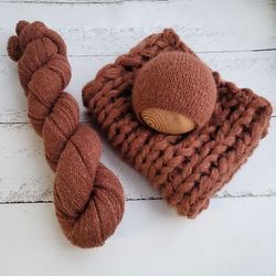 Brown Newborn very soft set/ Extra long knitted wrap, bonnet, blanket