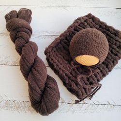 Dark Brown Newborn very soft set/ Extra long knitted wrap, bonnet, blanket
