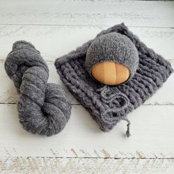 Grey Newborn very soft set/ Extra long knitted wrap, bonnet, blanket