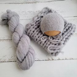 Light Grey Newborn very soft set/ Extra long knitted wrap, bonnet, blanket