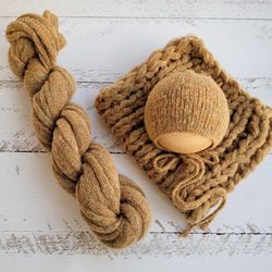 Sand Newborn very soft set/ Extra long knitted wrap, bonnet, blanket