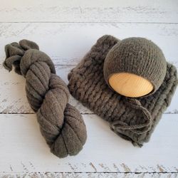 Olive Green Newborn very soft set/ Extra long knitted wrap, bonnet, blanket