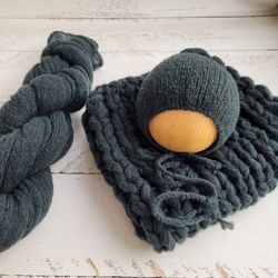 Dark Green Newborn very soft set/ Extra long knitted wrap, bonnet, blanket