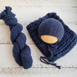 Dark Blue Newborn very soft set/ Extra long knitted wrap, bonnet, blanket