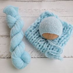 Light Blue Newborn very soft set/ Extra long knitted wrap, bonnet, blanket