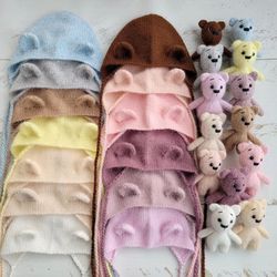 Fluffy Teddy Bear bonnet and stuffed toy/ Knitted newborn photo prop