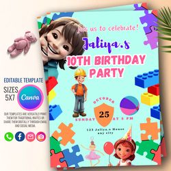 boys & girls birthday party invitation, editable digital template, diy celebration, printable cards