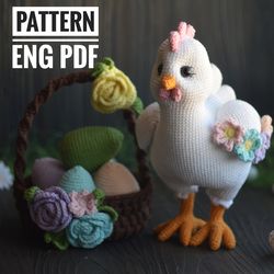 Easter Set Chicken and Wicker Basket with eggs and flowers, Amigurumi Chicken pattern, crochet basket pattern, English p