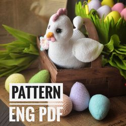 Easter realistic Chicken with eggs and flowers, Amigurumi Chicken pattern, English pdf