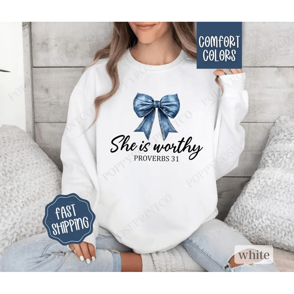 She Is Worthy Jean Bow Sweatshirt Comfort Colors Christian Coquette Crewneck Trendy Womens Sweater 0