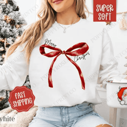 merry christmas bow sweatshirt, coquette merry christmas bow crewneck, women's holiday sweater, holiday party sweatshirt