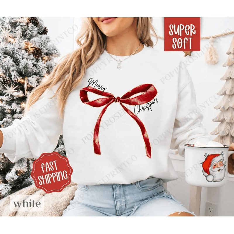 Merry Christmas Bow Sweatshirt Coquette Merry Christmas Bow Crewneck Womens Holiday Sweater Holiday 0