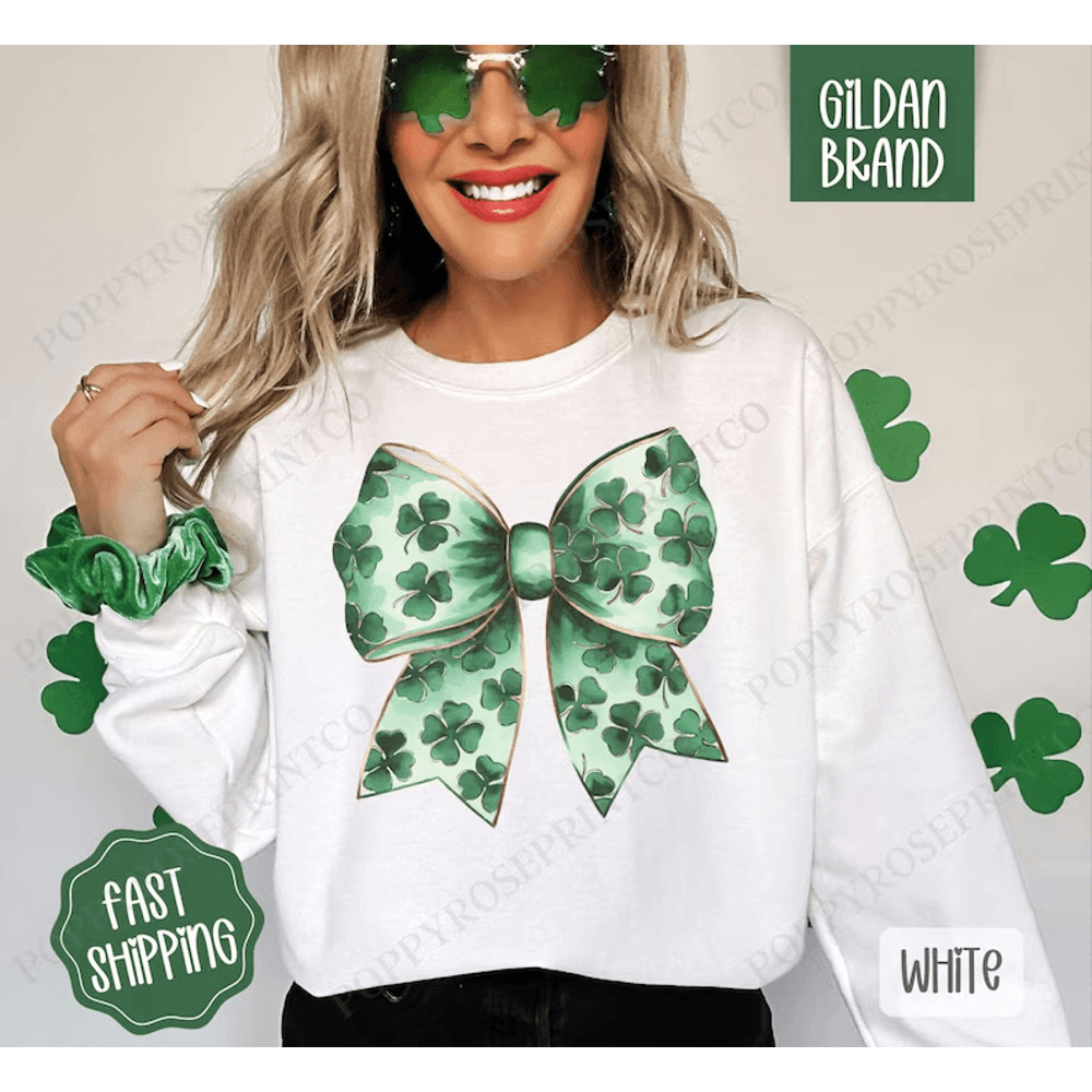 St Patrick Bow Sweatshirt St Patricks Day Crewneck Cute Womens Sweater St Patty Coquette Bow Sweats 0