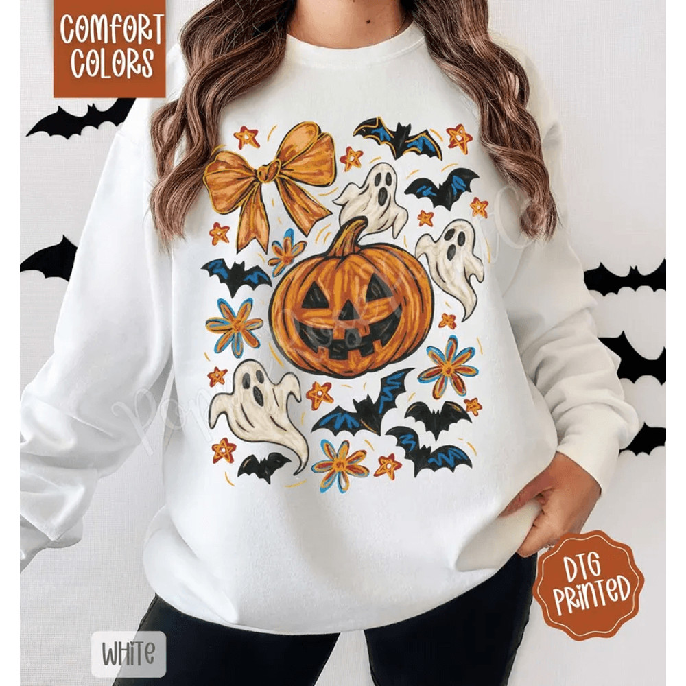 Pumpkin Floral Collage Comfort Colors Sweatshirt Trendy Halloween Sweatshirt Spooky Season Sweater 0