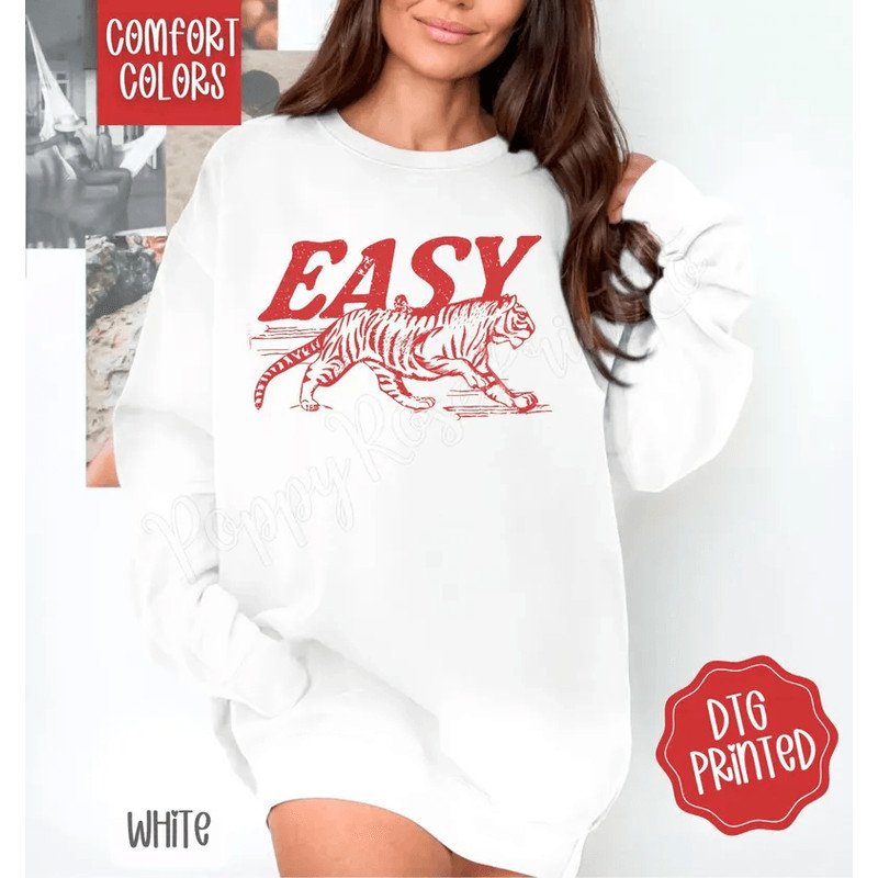 Easy Tiger Comfort Colors Sweatshirt Trendy Womens Graphic Crewneck Vintage Distressed Tiger Sweate 0