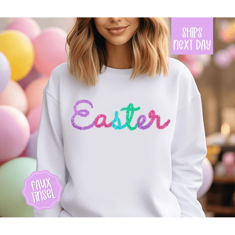 Faux Tinsel Easter Shirt Glitter Print Shirt For Easter Cute Easter Tshirt Easter Sweatshirt Kids E 0