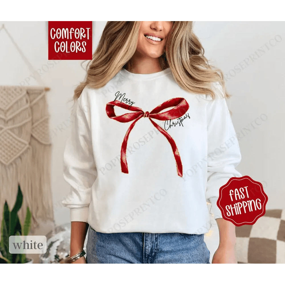 Merry Christmas Bow Sweatshirt Comfort Colors Coquette Merry Christmas Bow Crewneck Womens Holiday 0