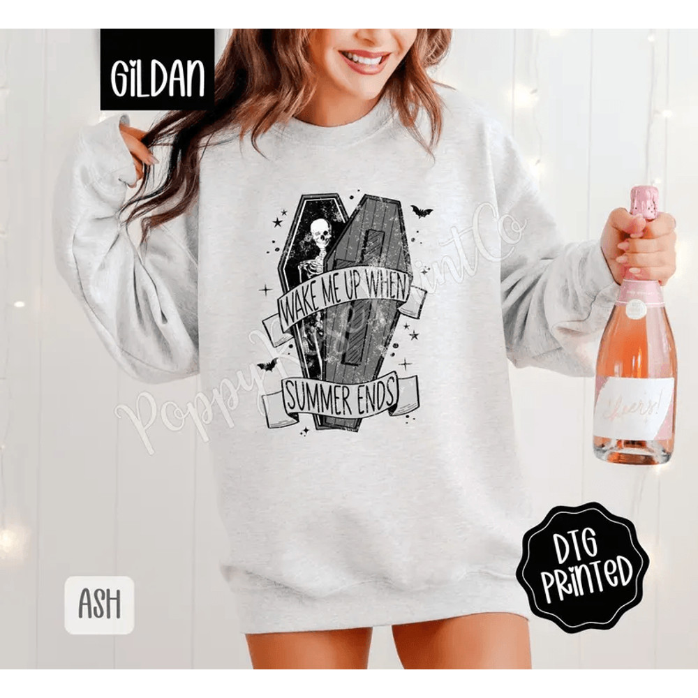 Wake Me When Summer Ends Sweatshirt Trendy Halloween Sweatshirt Spooky Season Crewneck Skeleton Hal 0