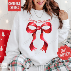 coquette christmas sweatshirt comfort colors, preppy merry christmas sweater, womens holiday crewneck, xmas party sweate