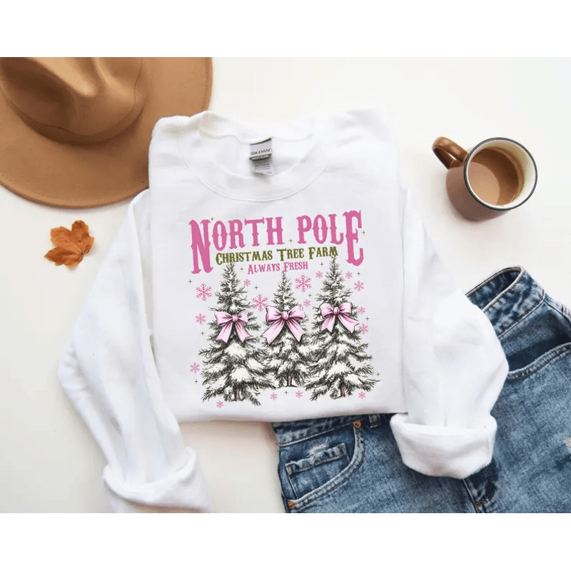 North Pole Christmas Tree Farm Sweatshirt Christmas Pine Trees Bow Hoodie White Christmas Crewneck 0