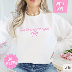 i'm literally just a girl sweatshirt, coquette clothing, pink bow sweatshirt