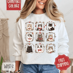 valentine cats comfort colors sweatshirt, valentine's day women's crewneck, cat lover women's sweater, retro cat frame s