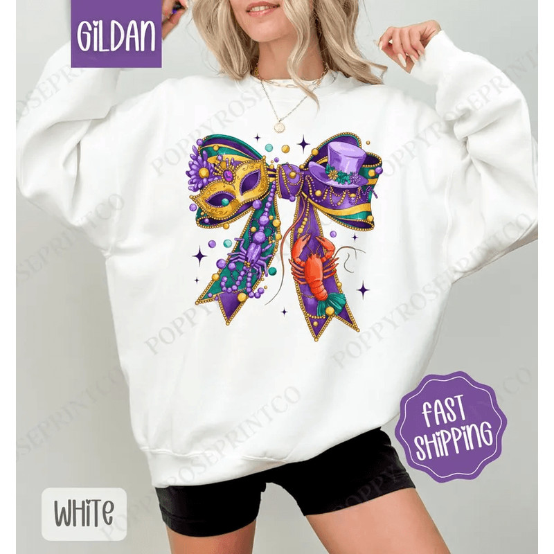 Mardi Gras Bow Sweatshirt Coquette Mardi Gras Crewneck Holiday Womens Sweater NOLA Coquette Parade 0