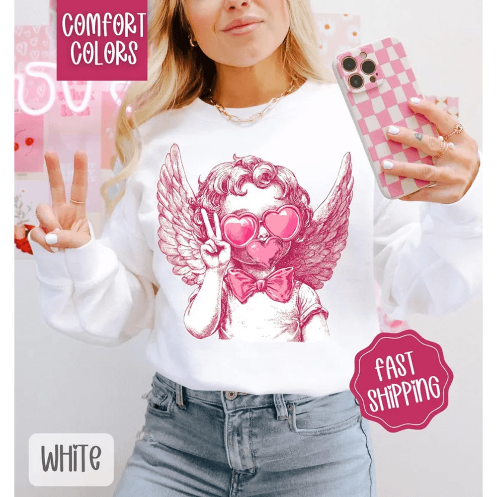 Cupid Bubble Comfort Colors Sweatshirt Valentines Day Womens Crewneck Holiday Womens Sweater Cute T 0