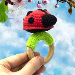 Personalized baby rattle insect toy, ladybug toy, Montessori wooden baby toys, sensory toy, new mum gift, organic rattle
