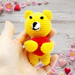 Mini bear holding red heart, plush animal toy, Valentine bear gift, little bear toy, pocket puppet, gift for girl
