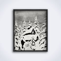 Old Church in the winter forest Theodor Kittelsen printable art print poster Digital Download