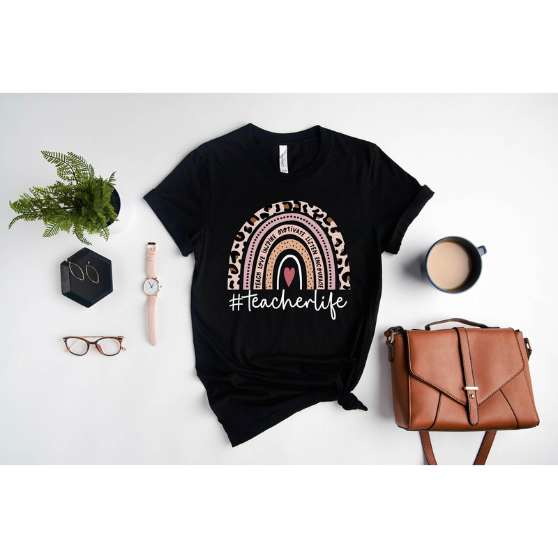 Teacher Rainbow Shirt, Inspirational Teacher Shirt, Teacher Life Shirt, Teacher Leopard Shirt, Gift for Teachers, Cute Teacher Shirt.jpg
