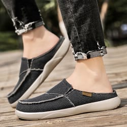mens canvas slip on half shoes, summer casual slippers, lightweight breathable