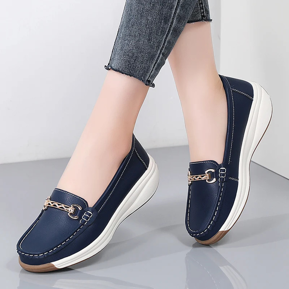 Designer Flat Platform Loafers for Women, Spilt Leather Casual Shoes, Wedge Sneakers, Slip On Ladies Moccasins
