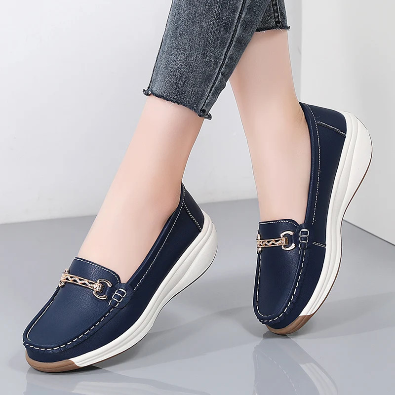 Designer Flat Platform Loafers for Women, Spilt Leather Casual Shoes, Wedge Sneakers, Slip On Ladies Moccasins