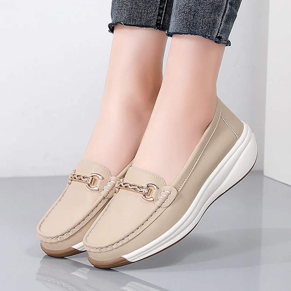 Designer Flat Platform Loafers for Women, Spilt Leather Casual Shoes, Wedge Sneakers, Slip On Ladies Moccasins