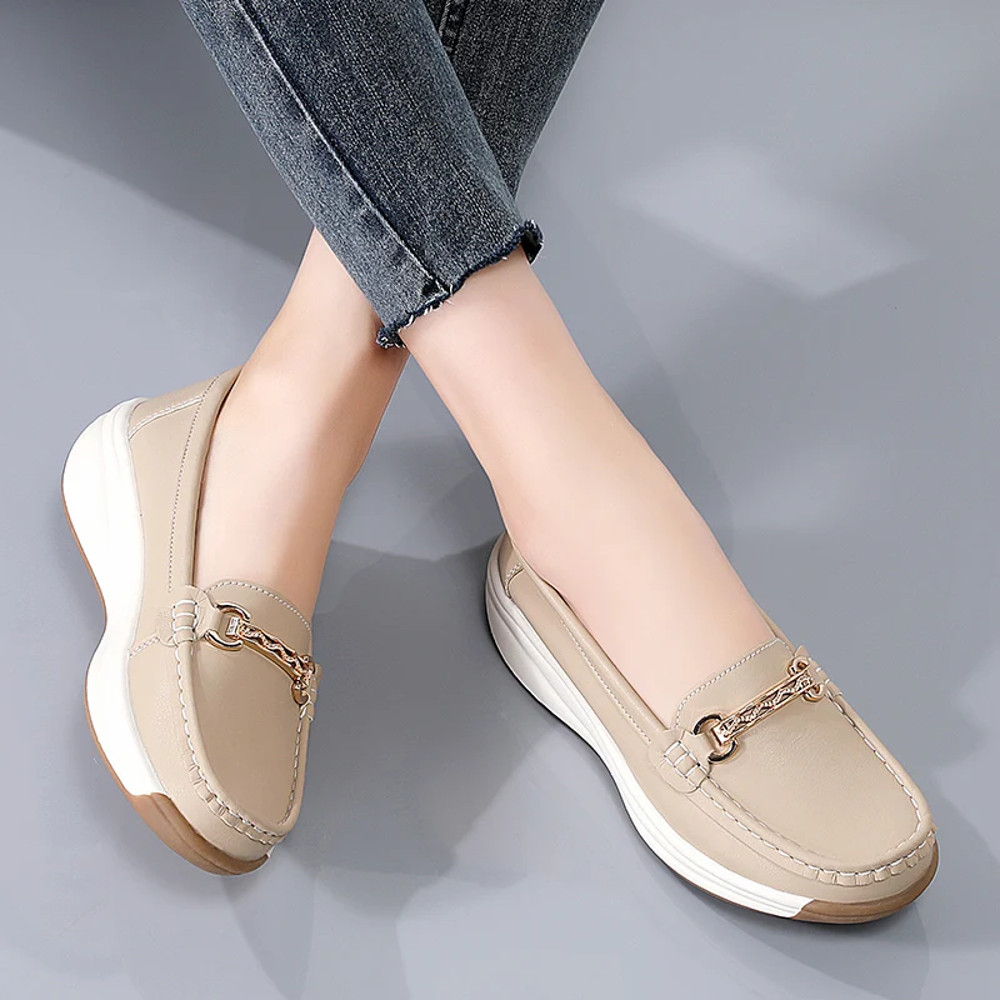 Designer Flat Platform Loafers for Women, Spilt Leather Casual Shoes, Wedge Sneakers, Slip On Ladies Moccasins