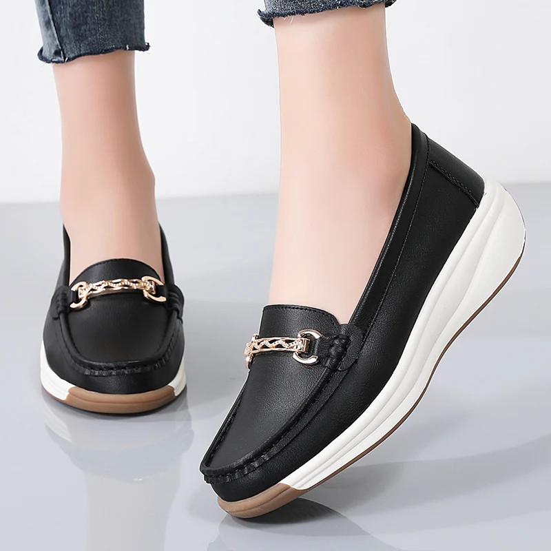 Designer Flat Platform Loafers for Women, Spilt Leather Casual Shoes, Wedge Sneakers, Slip On Ladies Moccasins