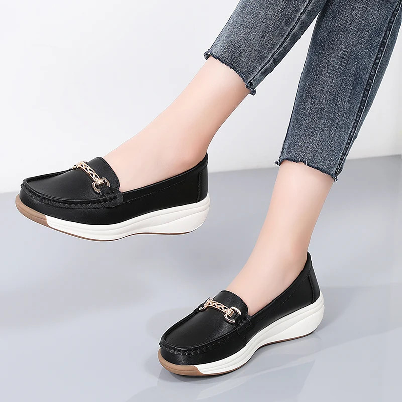 Designer Flat Platform Loafers for Women, Spilt Leather Casual Shoes, Wedge Sneakers, Slip On Ladies Moccasins