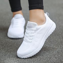 fashion women casual shoes, breathable mesh flat sneakers, gym vulcanized shoes, white female walking footwear