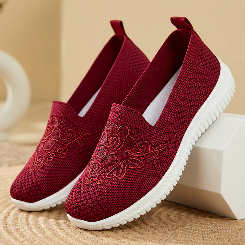 Womens Summer Soft Embroidery Flat Shoes, Knitted Breathable Shoes, Chinese Flower Style Casual Flats, New Fashion