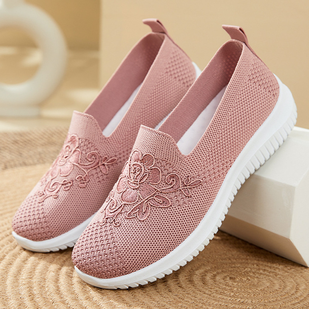 Womens Summer Soft Embroidery Flat Shoes, Knitted Breathable Shoes, Chinese Flower Style Casual Flats, New Fashion